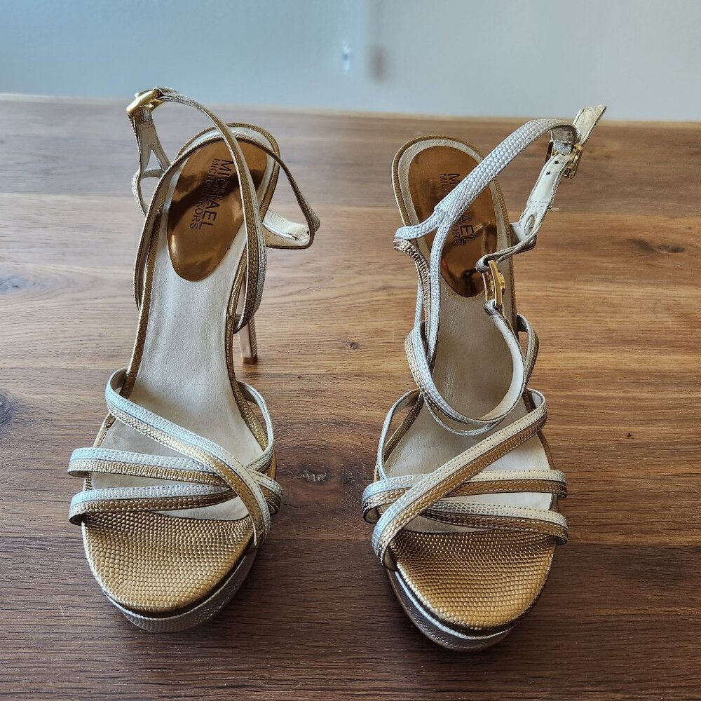 Michael Kors platform heels sandals, silver and gold, size 10